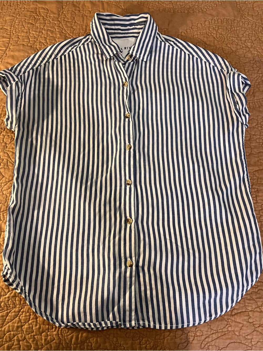 Lola Rivers Vertical Striped Blue White Button Down Casual Women's Top Cotton